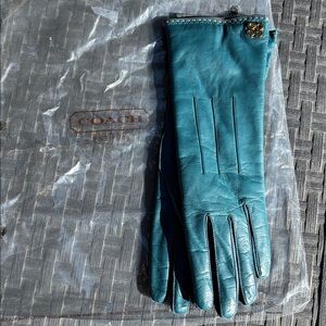 Brand New Coach Teal Leather Gloves with Gold Details